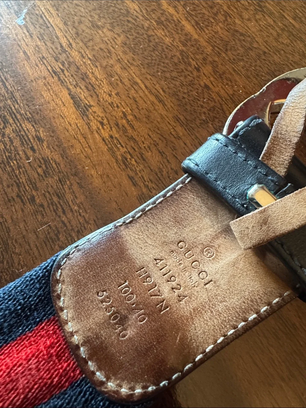 Gucci Navy and Red Web Stripe Belt with Gold Double G Buckle